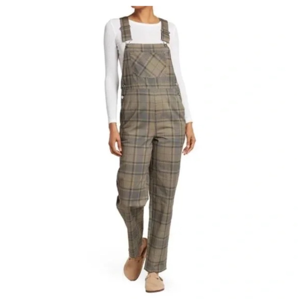 WeWoreWhat Olive Plaid Overalls Jumpsuit with Tan Accents